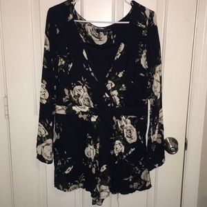 Navy Blue Long Sleeve Floral Romper